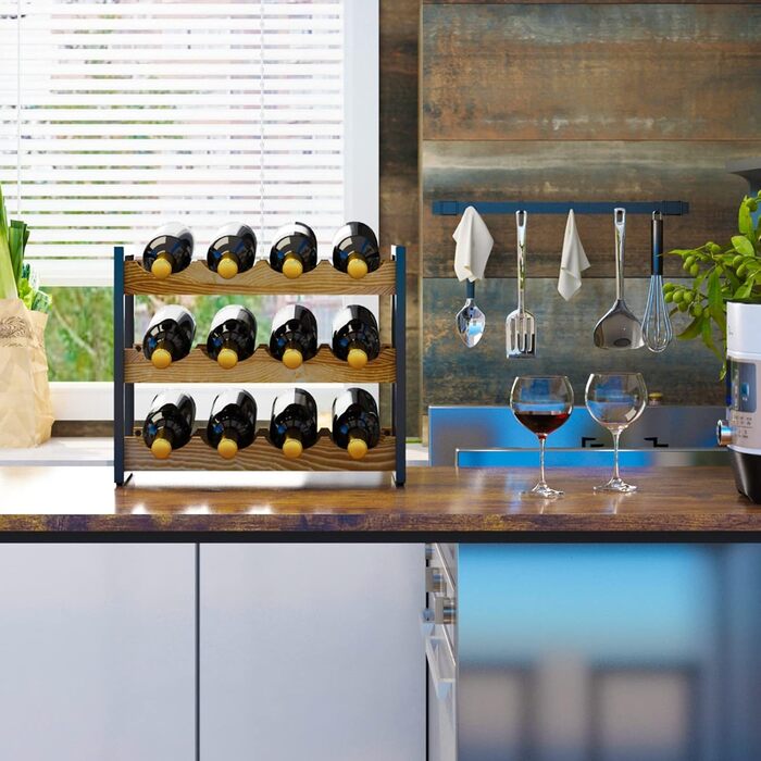 Стеллаж для вина IBUYKE: 3 яруси, 12 пляшок, металевий каркас, дерево, для кухні, бару, вітальні