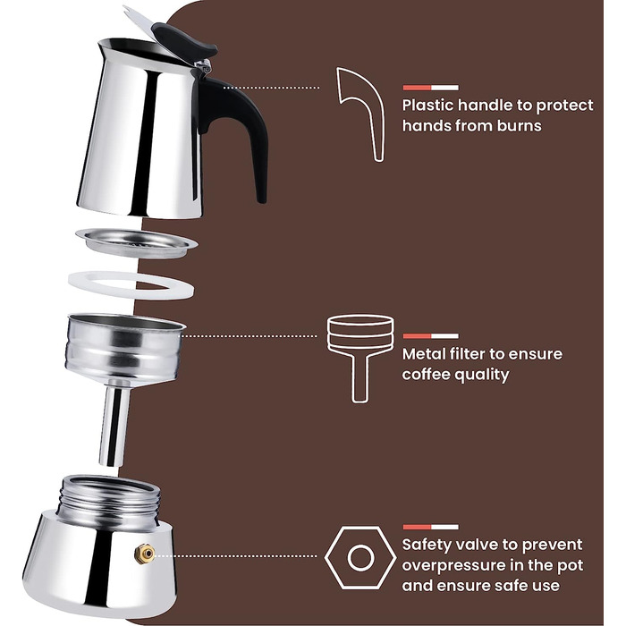 Еспресо-машина DUNSOO, кавоварка для кемпінгу з нержавіючої сталі, індукційна еспресо-машина, 4-9 чашок Еспресо, 200-450 мл мокко-підходить для всіх типів плит (6 чашок по 300 мл)