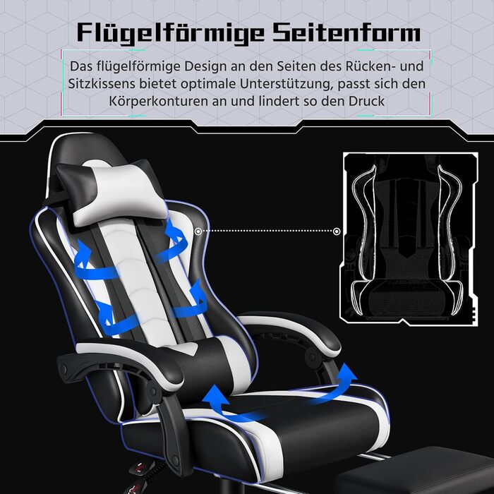 Ігровий крісло Yaheetech з масажем, комп'ютерне крісло з підніжкою, біле, регульована спинка 90-135°