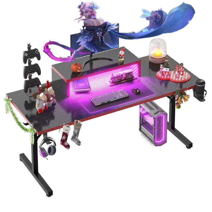 Ігровий стіл Devoko 160x60 см з LED підсвічуванням, підставка для монітора, карбонове покриття, ергономічний дизайн, чорний