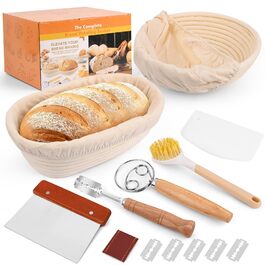 Набір для випікання хліба Gärkorb, повний комплект аксесуарів для випікання хліба (23см круглий & 25см овальний), скребок для тіста, льняний вкладиш, мішалка для тіста & лопатка для хліба. Набір для випікання хліба для початківців та професіоналів