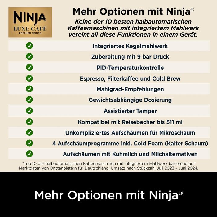 Кавомашина Ninja Luxe Premier 3-в-1 з млинком і капучинатором, для латте, капучино, еспресо, холодної кави, 4 режими спінювання, срібляста, ES601EU, євро-штекер