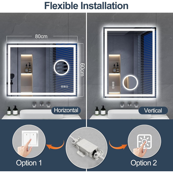 Дзеркало для ванної кімнати S'bagno Bluetooth з підсвічуванням 100x70 см, LED, протитуманне, диммер, Bluetooth, HD скло, IP44, горизонтальне/вертикальне