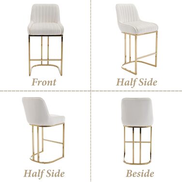 Набір з 2 барних стільців з велюру з золотистими ніжками, з підлокітниками та спинкою для кухонної стійки/домашнього бару (білий)