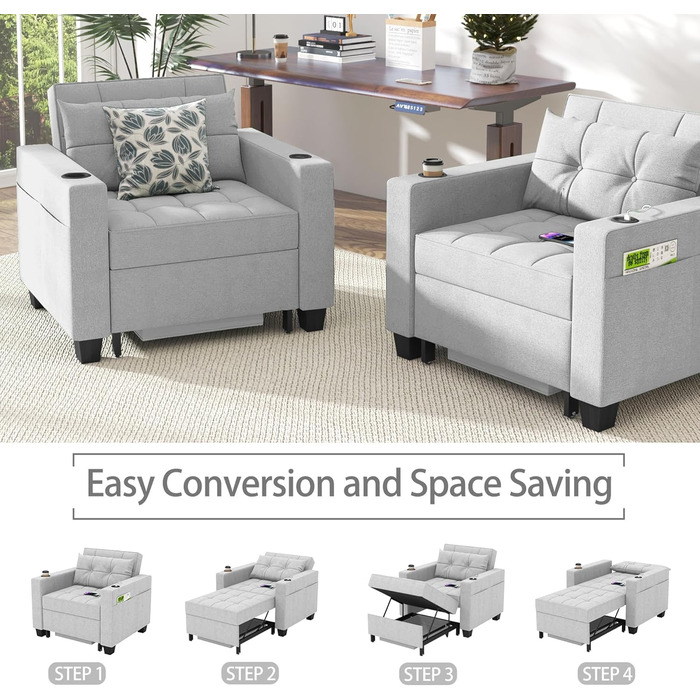 DURASPACE розкладне крісло-ліжко 3-в-1, 99 см, із USB, кишенею, підстаканником, для малих приміщень, зелений/світло-сірий