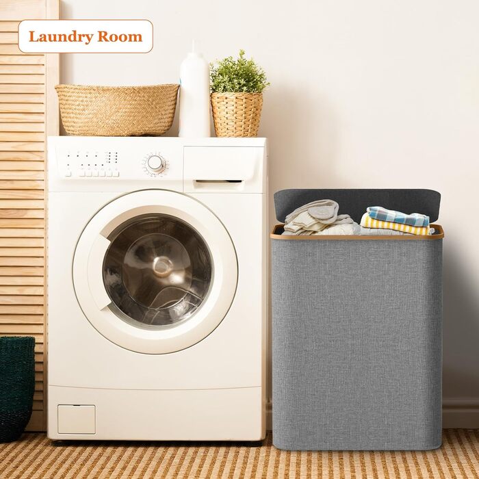 Кошик для білизни з кришкою, вузький, з бамбуковими ручками та внутрішньою кишенею, складаний, портативний, 148л, темно-сірий