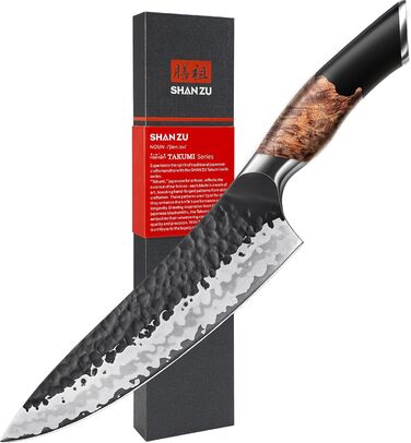 Японський ніж SHAN ZU Gyuto 20 см з 7 шарів вуглецевої сталі - професійний кухонний ніж для м'яса та овочів з акацієвим дерев'яним руків'ям