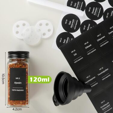 Набір контейнерів для спецій на 30 штук з мірками та вологостійкими етикетками, 120 мл, чорний, з кришками