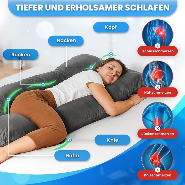 U-подібна подушка для сну PillowDaddy XXL для вагітних та годування, ортопедична подушка для підтримки спини, стегон та полегшення болю при ішіасі, з чохлом