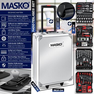 Набір інструментів MASKO 1400 предметів в алюмінієвому кейсі на колесах для дому, авто та хобі | Професійний інструментальний візок