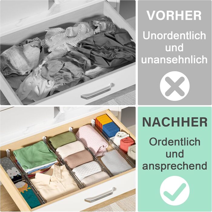 FUNIZE Регульовані роздільники для ящиків з вставками, 8 шт., роздільники 32-58 см + 16 шт. вставок 9-18 см, органайзер для ящиків, кухня, спальня, офіс, прозорий, 6 см висота