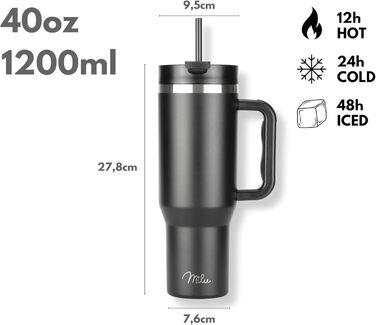 Термокружка Milu 1200 мл з трубочкою та ручкою – термокружка для подарунку на Великдень, День батька, День матері | Подарунок для мами, тата, друзів, бабусі та дідуся | Чорний колір