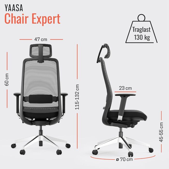 Крісло Yaasa Ergonomic для офісу та дому – ергономічне крісло з підтримкою попереку та регульованою спинкою – чорний колір, Expert