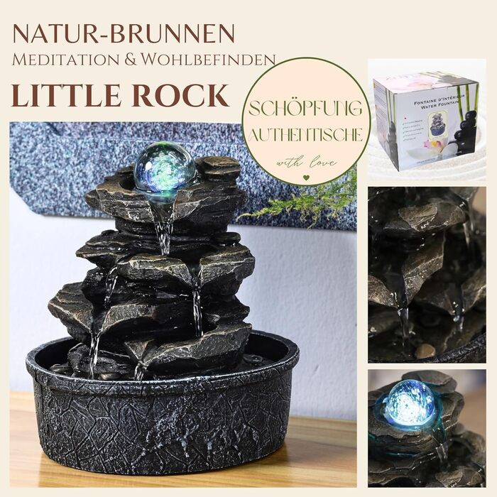 Фонтан Zen'Light Zimmerbrunnen Little Rock: Природний водоспад з ефектом каменів та LED-підсвіткою для дому, медитації та релаксації. Feng Shui, 23 см