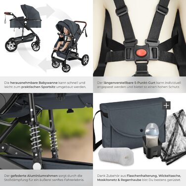 Дитяча коляска Tectake 2 в 1, розкладна, з люлькою, вагончиком, підстаканником, дощовиком, сірого кольору