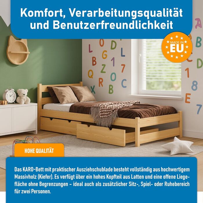 Дитяче ліжко Врубель 90x200 см з 2 шухлядами та ламелями - односпальне ліжко з масиву сосни - ліжко Монтессорі для дітей - ліжко-юніор білого кольору - без матрацу