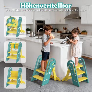 Дитячий підсвічник Onasti Tritthocker Kinder: регульована висота, 3 сходинки, з ручками, складний, анти-кіп та анти-ковзний, для кухні, ванної, раковини та туалету (сірий) сіро-білий (зелений)