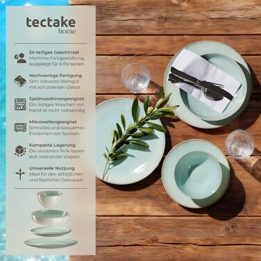 Набір посуду tectake® на 6 осіб (30 предметів), керамічний посуд, ручної роботи, з тарілками, мисками та чашками, придатний для миття в посудомийній машині та використання в мікрохвильовій печі - (24 предмети, Mid Sea)