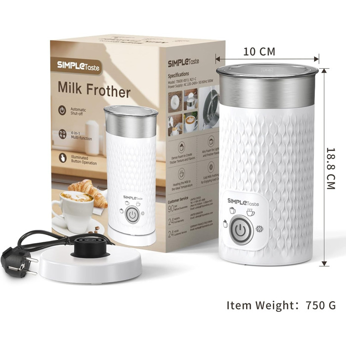 SIMPLETASTE: Електричний спінювач молока 4-в-1, автоматичний, для гарячого та холодного напою, з підігрівом, автоматичне вимкнення, білий