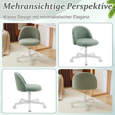 Офісне крісло Bonnlo з роликами, регульована висота, для робочого кабінету, спальні, home office, обшите тедді, білий (зелений)