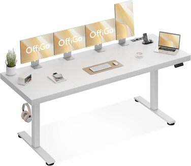 Регульований за висотою стіл OffiGo, 200x70 см, з розеткою, білий. Стіл для офісу/геймінгу з міцними Т-подібними ніжками