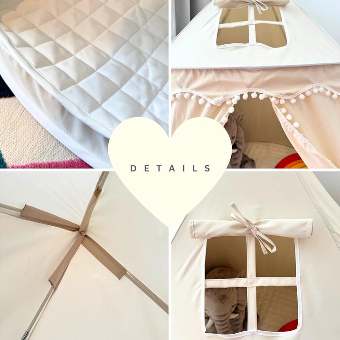 Намет для дітей Tipi з м'якого бавовняного полотна Silky-Cotton | Бежевий, 1 вхід, 3 вікна, Tasche & Bodenmatte | Стабільний намет-іграшка для хлопчиків та дівчаток