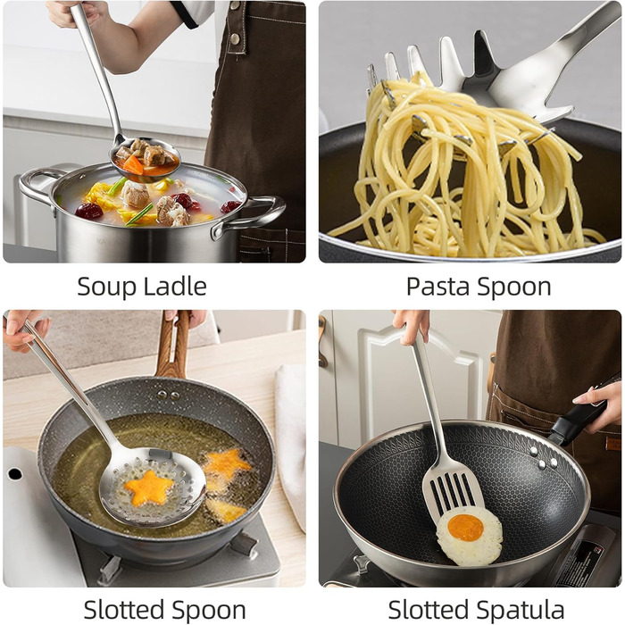 Набір кухонного інвентарю з нержавіючої сталі, 4 шт. Лопатки, ложки, лопатки для воку, кухонний інвентар (безпечний для миття в посудомийній машині)