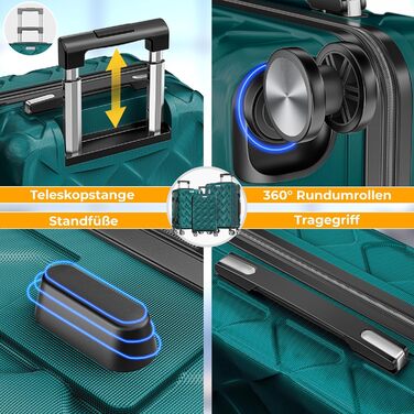 Набір дорожніх валіз KESSER з 3 предметів, жорсткий корпус ABS, кодовий замок, ваги для багажу та дорожній гаманець, колеса 360°, колір Petrol Teal