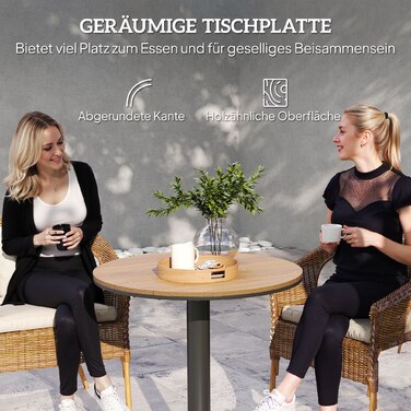 Outsunny Garden Table Ø70 см, Стійкий до погодних умов круглий балконний стіл з планкою, Сталевий обідній стіл на відкритому повітрі, Столик для кемпінгу Журнальний столик, Патіо Стіл для саду Патіо Балкон з натурального дерева