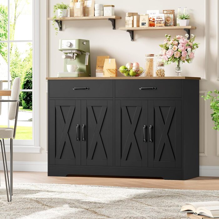 Тумба під ТВ HOCSOK 120 см, кухонна шафа з робочою поверхнею, буфет для зберігання з 2 висувними ящиками та 4 дверцятами, для вітальні, кухні, передпокою, чорний & коричневий