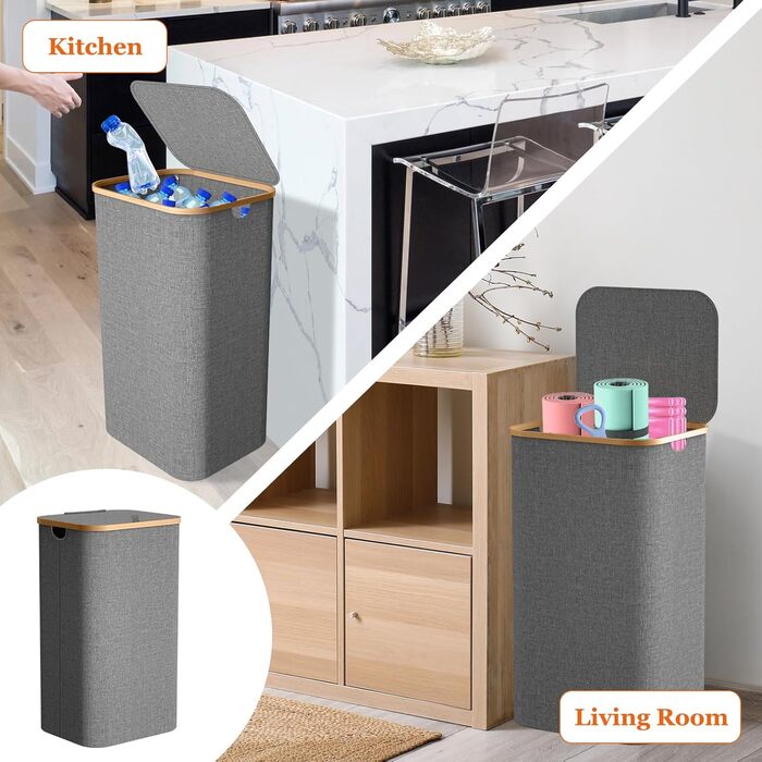 Кошик для білизни з кришкою, вузький, бамбукові ручки, внутрішня кишеня, складний, переносний, 95л, темно-сірий