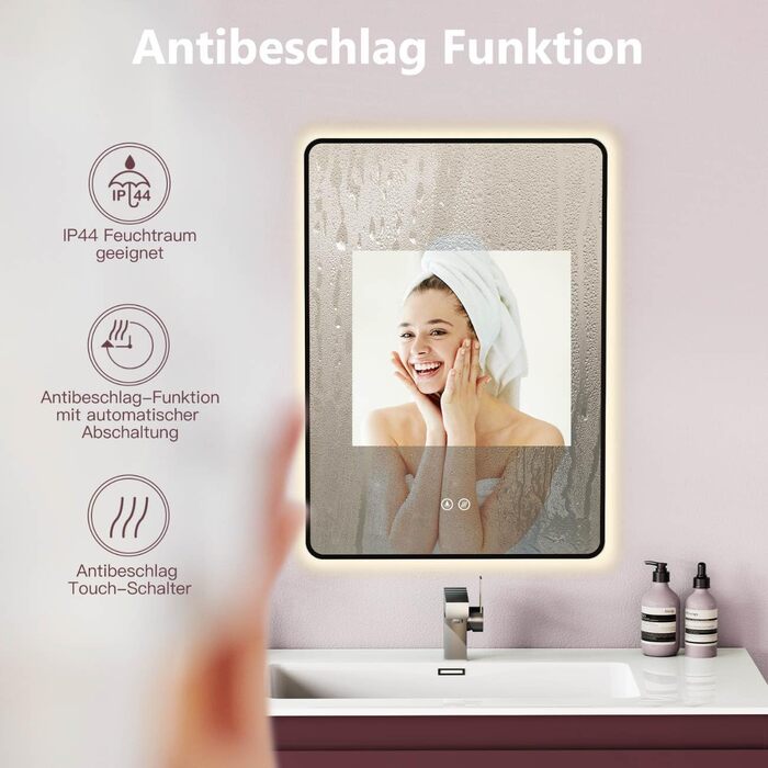 Дзеркало для ванної кімнати HOKO LED Texas 60x80 см / 80x60 см з підсвіткою, підігрівом проти запотівання та чорним металевим каркасом. Можливість встановлення HOCH+QUER. Сенсорне керування, зміна кольору світла 2700-6500K (тепле біле - холодне біле - ней