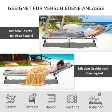 Лежак для відпочинку на сонце з отвором для обличчя та подушкою, складаний, з водовідштовхувальним покриттям, металевий каркас, темно-сірий