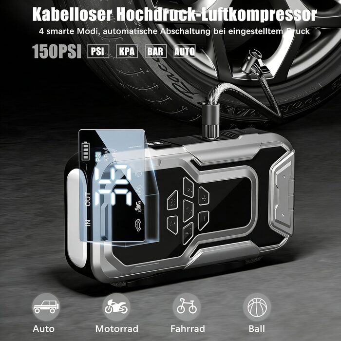 Powerbank Starthilfe 6000A з компресором 150PSI: портативний пусковий пристрій для авто та мото (бензин, дизель до 10.0L) з LED-ліхтариком QC3.0, срібний