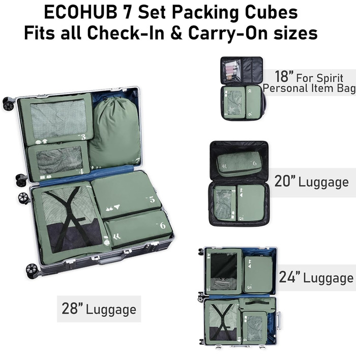 Набір органайзерів для подорожей ECOHUB для валізи, 7 шт, еко-сумки з переробленого PET, органайзери для одягу та взуття (Зелений)
