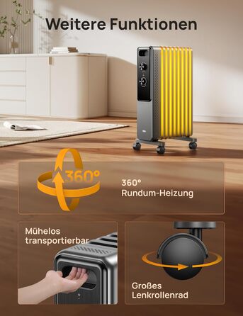 Електричний масляний радіатор Dreo з 9 ребрами, 2000W, тихий, з захистом від перегріву та перекидання, термостатом, дитячим замком, енергозберігаючий