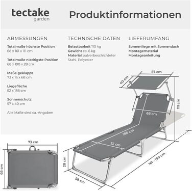 Шезлонг для саду Tectake з сонцезахистом, розкладний, для балкона/тераси, з регульованою спинкою, пляжний, до 110 кг - сірий