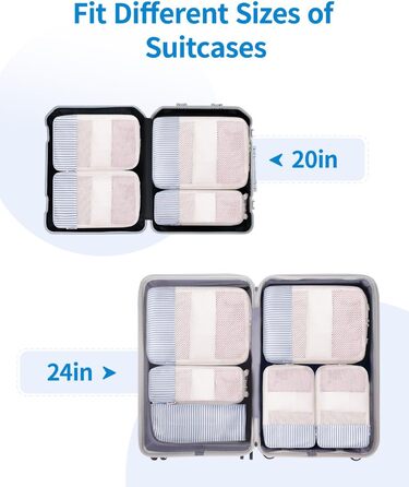 Набір органайзерів для подорожей Narwey (6 шт), компресійні органайзери для валізи та рюкзака, набір пакувальних кубів для одягу, сіро-блакитні смужки