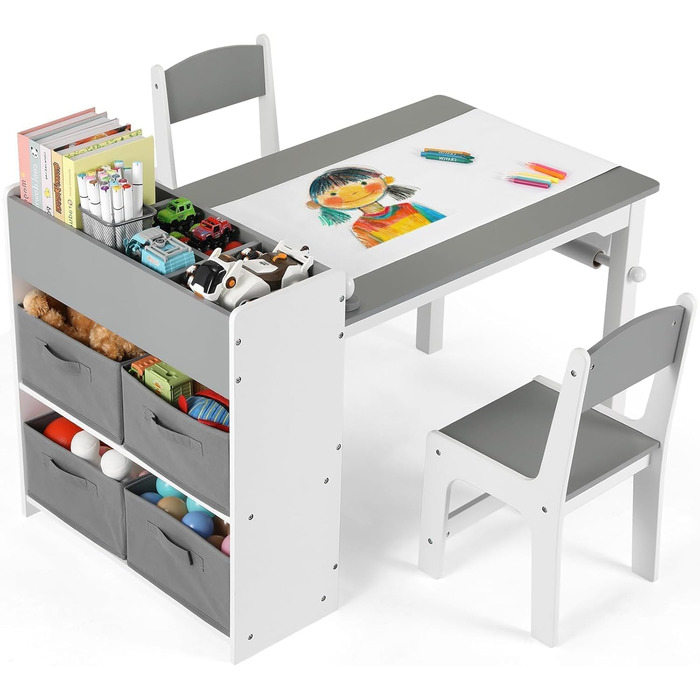Дитячий стіл Mamizо з 2 стільцями, стіл для малювання та рукоділля, комплект меблів у дитячу кімнату, ігровий стіл з місцем для зберігання для дітей від 3 років (сірий, білий)