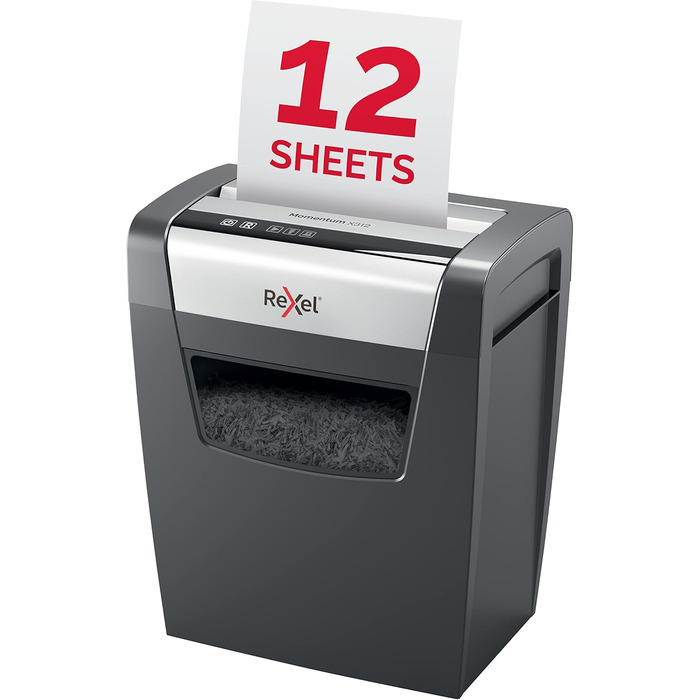Шредер Rexel Momentum X308: безпечний знищення документів (P3, Partikelschnitt), 12 аркушів, 15л, чорний