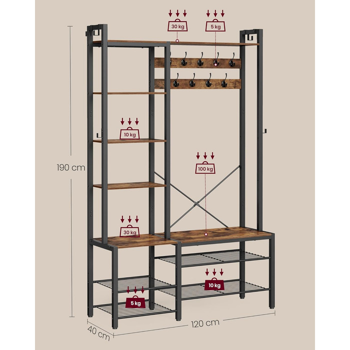 Стійка для одягу VASAGLE з полицею для взуття, 5 полиць, 9 тричі-гачків, 6 бічних гачків, 40 x 120 x 190 см, вінтажний коричневий + чорний, HSR426B01