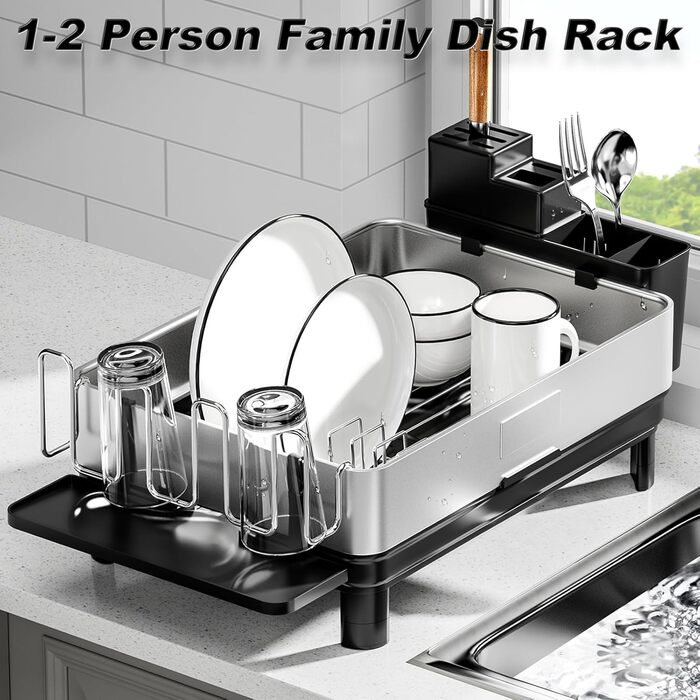 Сушарка для посуду Ewaiira з нержавіючої сталі, чорна, 1 ярус, з обертовим краном 360° та тримачем для столових приладів