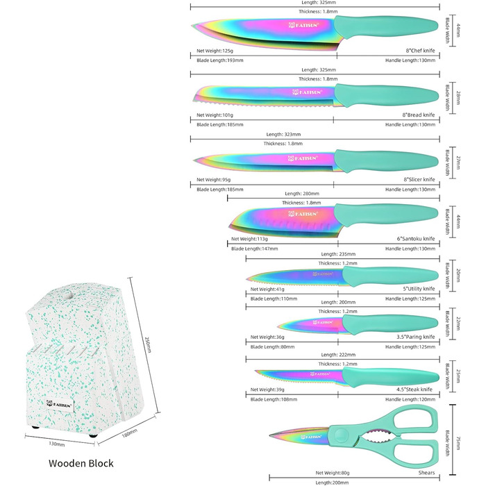 Набір кухонних ножів Katisun, 16 шт. з японської сталі, з бруском для заточування, дощечкою та ножицями. Набір ножів для нарізання, шинкування та нарізання, безпечний для миття в посудомийній машині.
