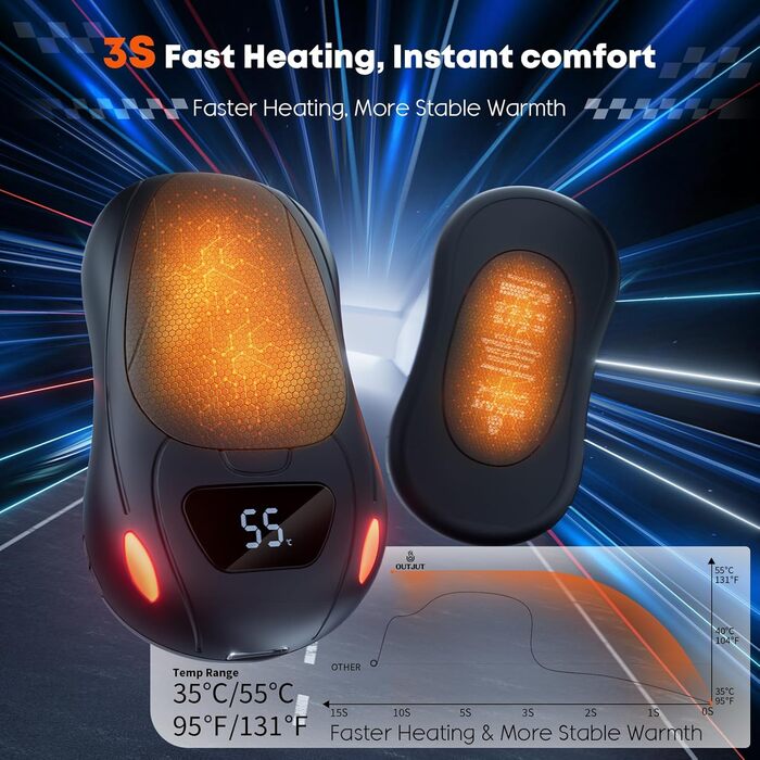 Електричний гріє для рук 2 шт. 12000 mAh з магнітним двостороннім нагріванням та цифровим дисплеєм температури та заряду батареї для відпочинку на природі/кемпінгу, чорний