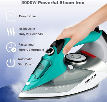 Праска з парою, праска з керамічною підошвою, самоочищення, резервуар 340 мл, 3000 Вт, автоматичне вимкнення, зелена