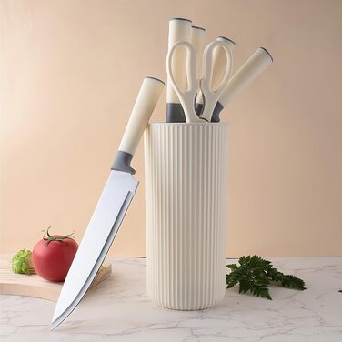 Набір кухонних ножів 7 предметів з бруском Messerblock, нержавіюча сталь, для кухні, подрібнення м'яса та овочів (Бежевий, Сірий)