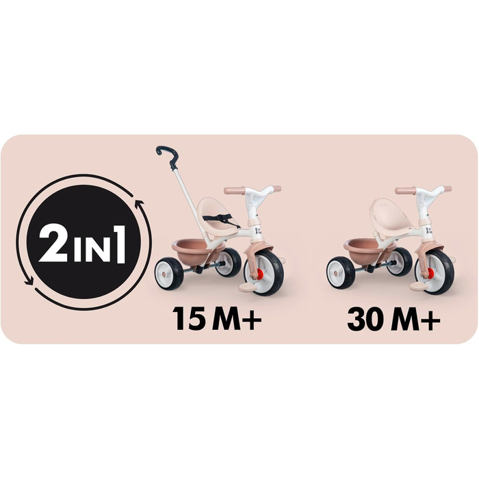 Триколісний велосипед Smoby Be Move Beige з ручкою-штовхачем, ременем безпеки, металевим каркасом та педальним механізмом, для дітей від 15 місяців