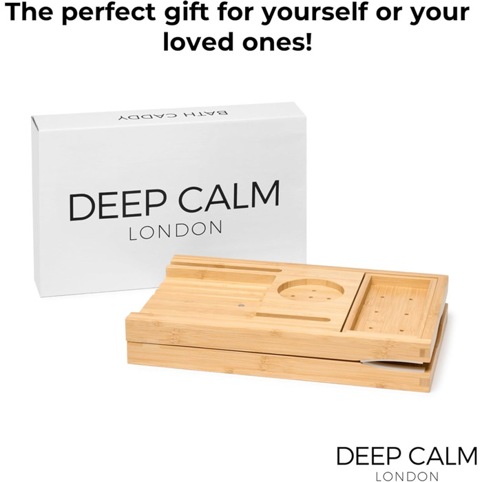 Підставка для ванни Deep Calm - регульована бамбукова підставка - антиковзаюча підставка для ванни. Підходить для більшості ванн. Місце для книги, iPad, телефону, склянки, свічки (натуральний бамбук)