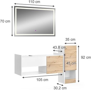 Тумба для ванної кімнати Alf, Дуб, 36x117 см, 2 ящики, Білий, Комплект 2