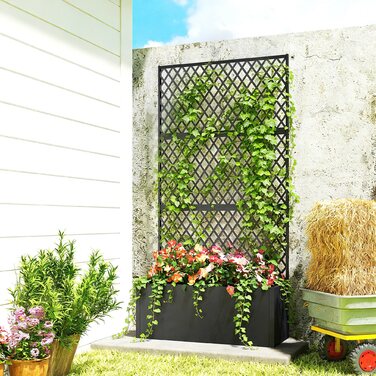 МеталевийRaised Bed with Trellis, Outdoor Planting Box with Diamond Lattice Privacy Screen for Flowers